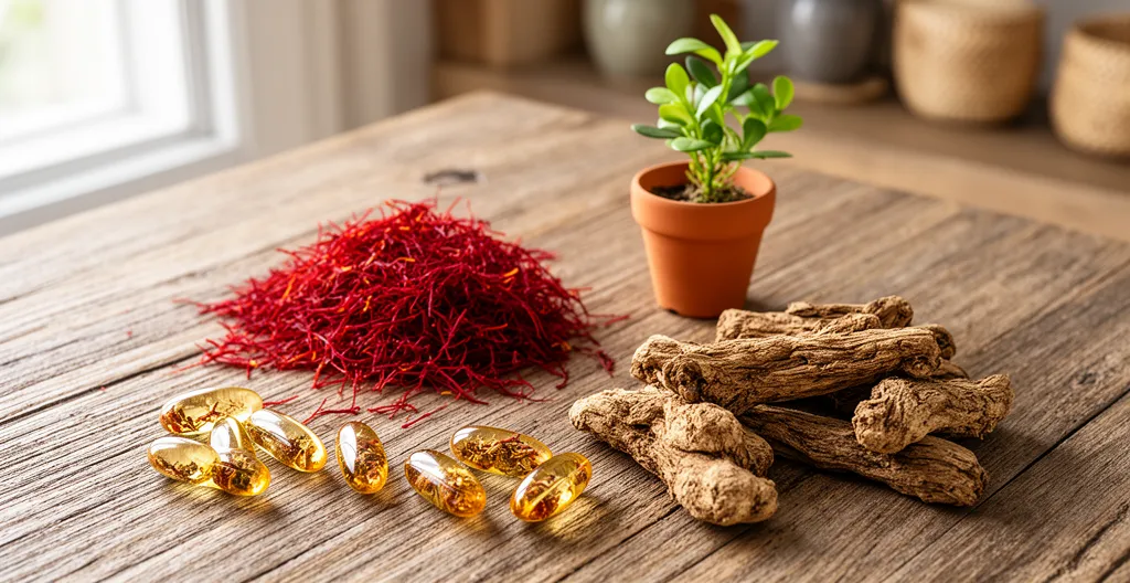 Herbal capsules and dried botanical ingredients on rustic wooden surface