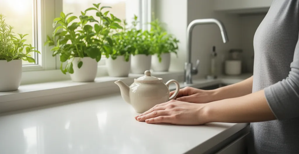 Person preparing herbal tea in bright modern kitchen