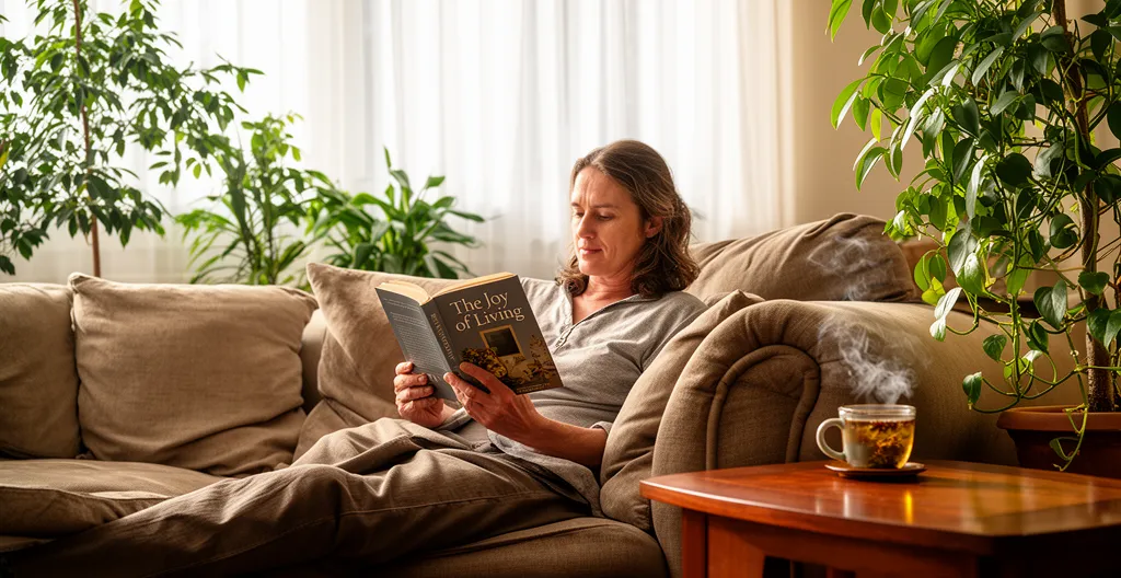 Person relaxing on sofa reading book with tea on side table