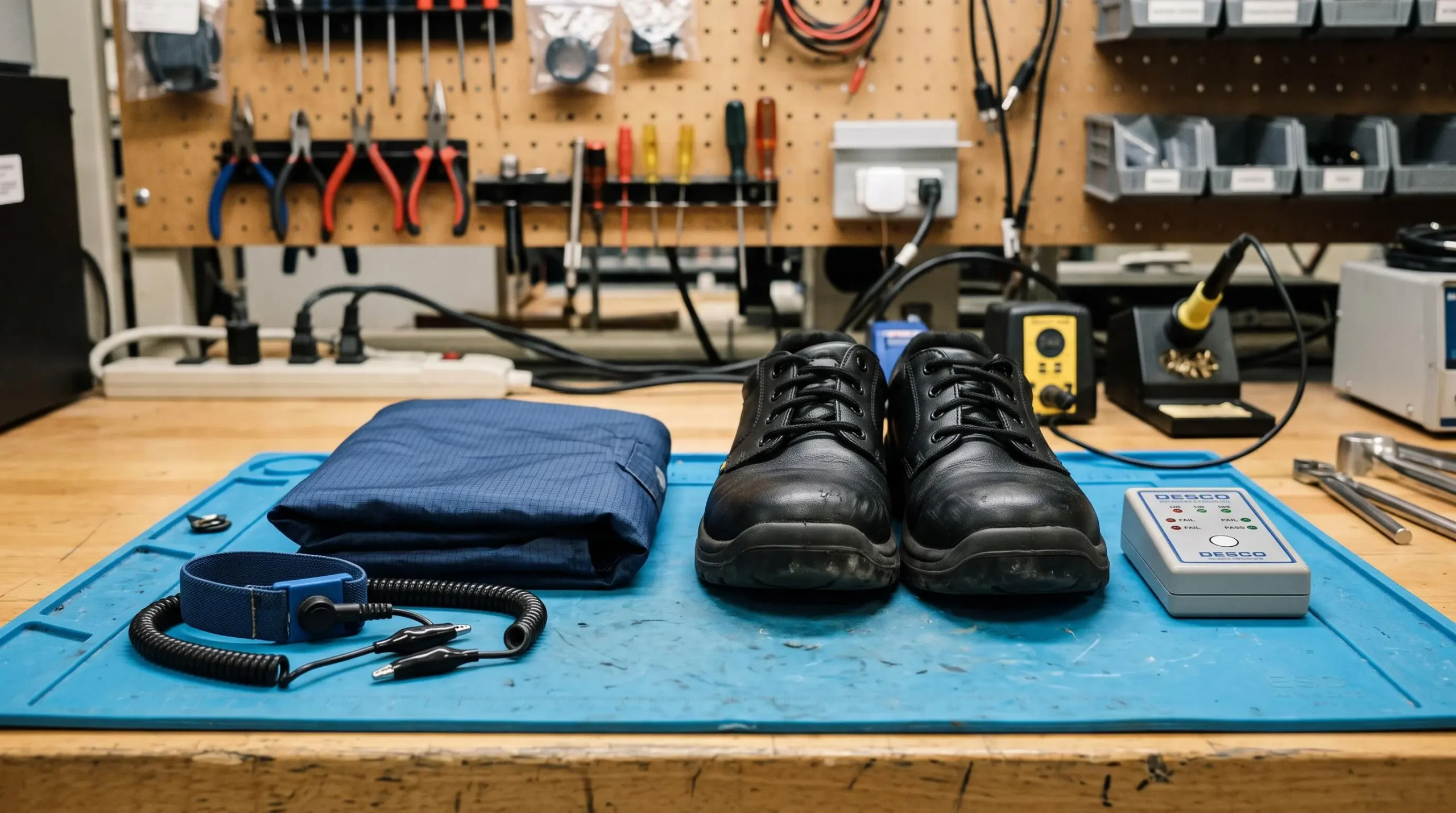 Wrist strap, ESD shoes and smock arranged on a grounded workbench mat.