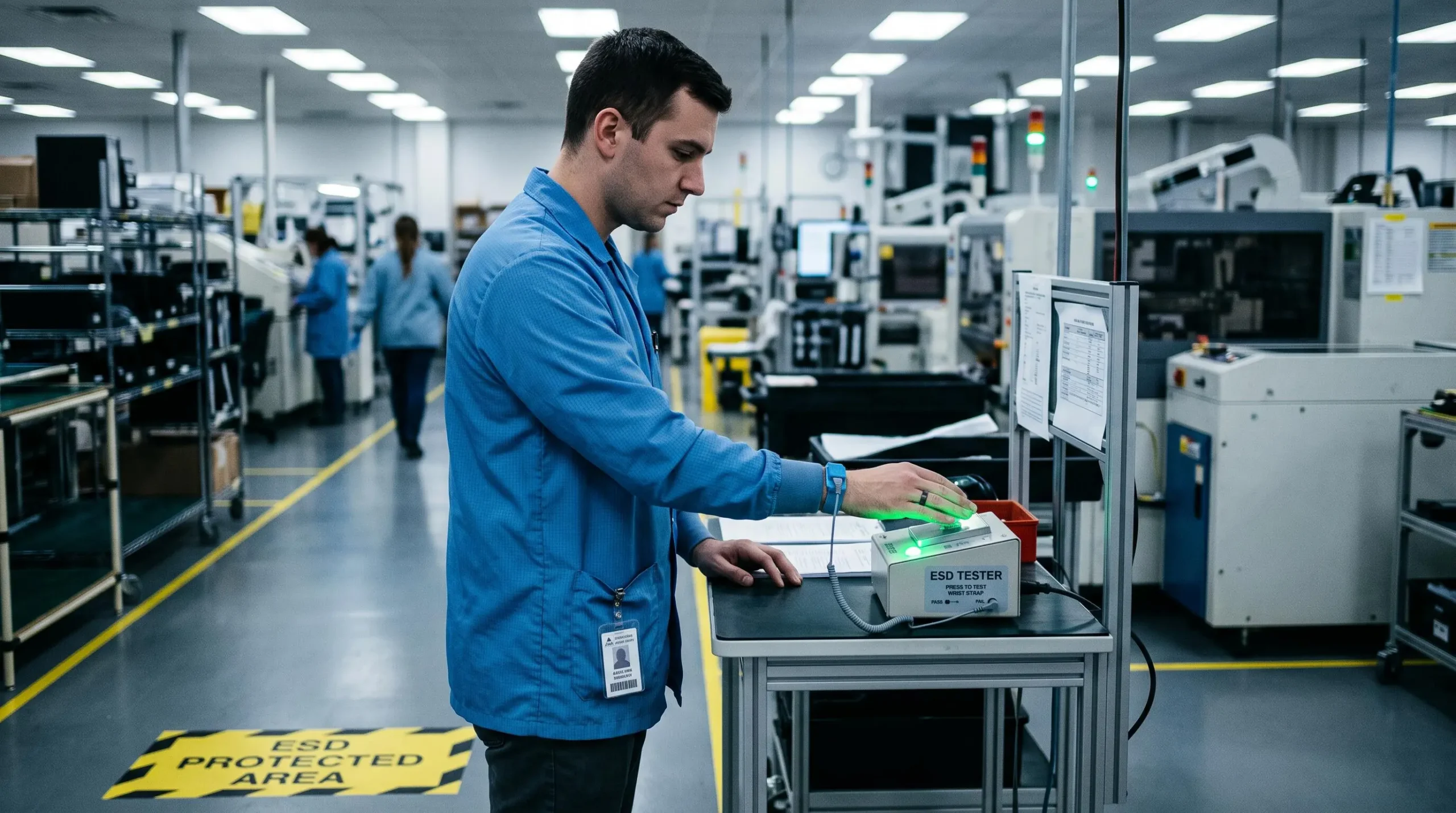 An operator checks a wrist strap with a benchtop tester before entering the workshop.