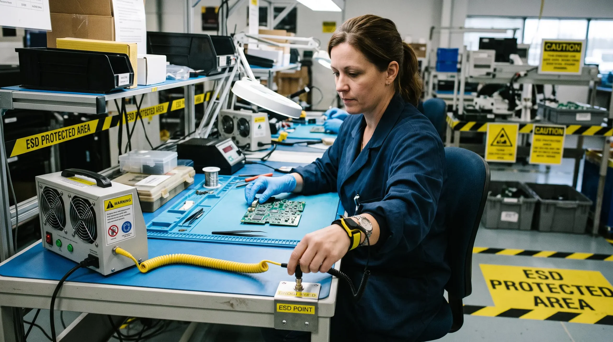 An electronics assembler connects a wrist strap to a grounded ESD workbench.